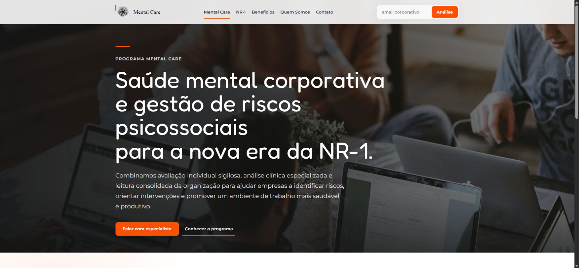 Página inicial do site Programa Mental Care